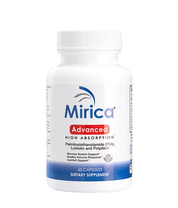 Mirica® Advanced dietary supplement capsules with enhanced absorption PEA and polydatin, featuring patented LipiSperse® technology for improved bioavailability. Supports cardiovascular health and neutralizes free radicals.