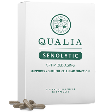 Qualia Senolytic supplement for cellular rejuvenation with ingredients like fisetin, quercetin, and curcumin for whole-body support.