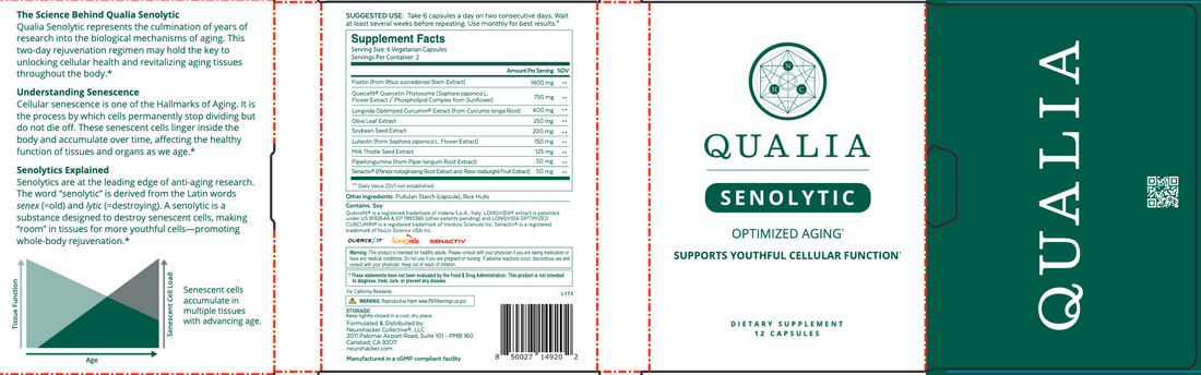 Qualia Senolytic supplement for cellular rejuvenation with ingredients like fisetin, quercetin, and curcumin for whole-body support.