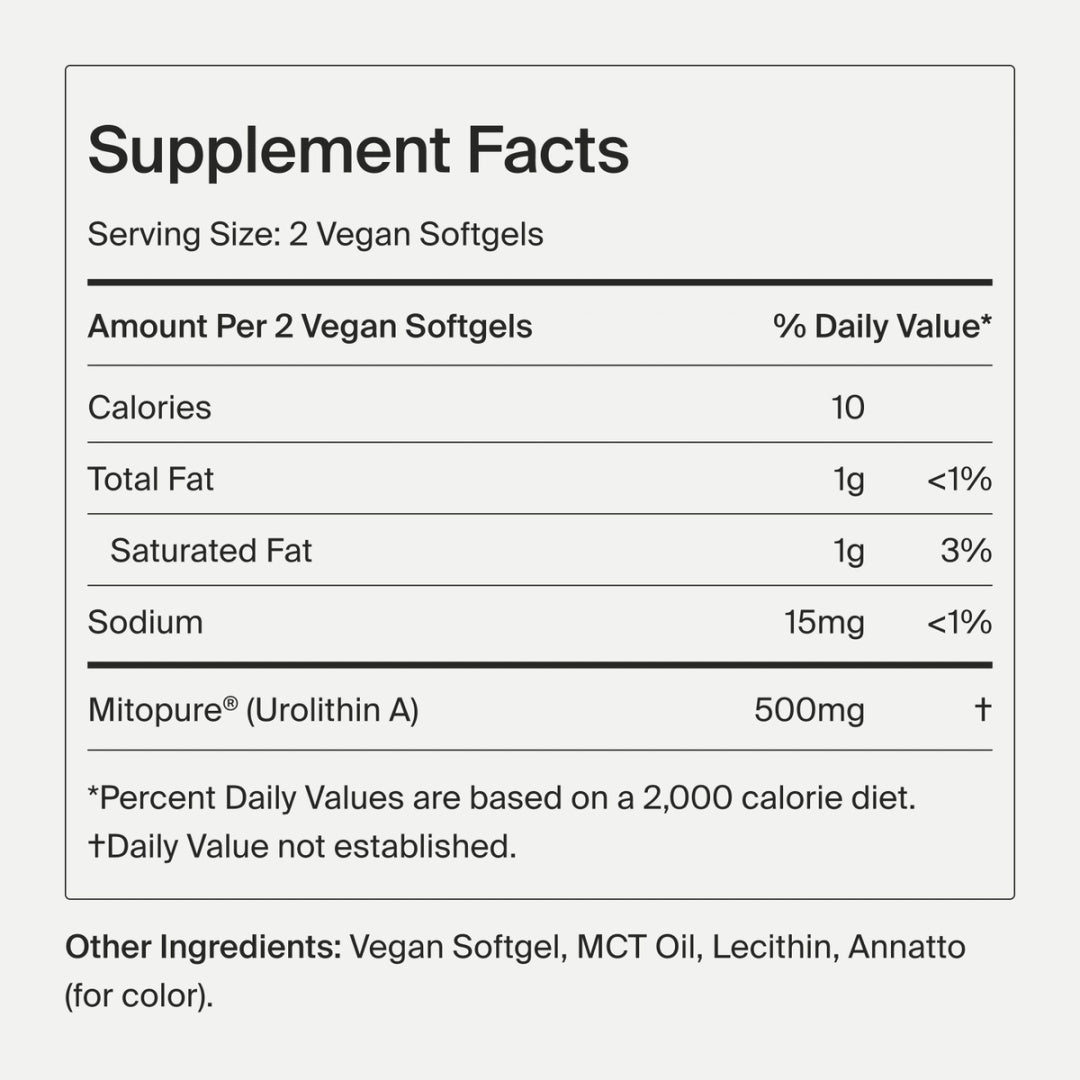 Mitopure vegan softgels containing 500mg of Urolithin A for improved cellular health, muscle strength, and endurance. Clinically validated formula for enhancing mitochondrial function and combating aging.