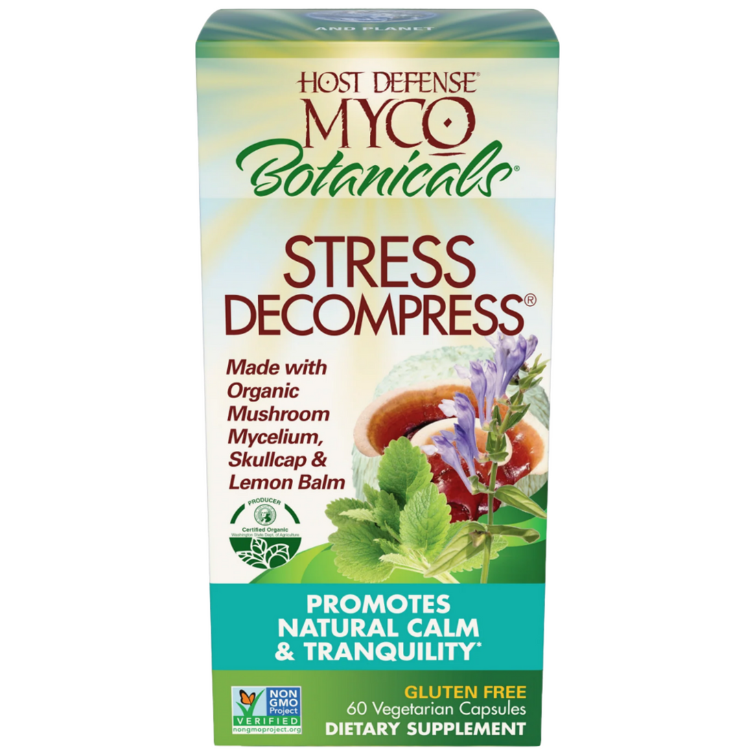 MycoBotanicals® Stress Decompress® supplement with a blend of mushrooms and herbs for stress relief and calmness. 