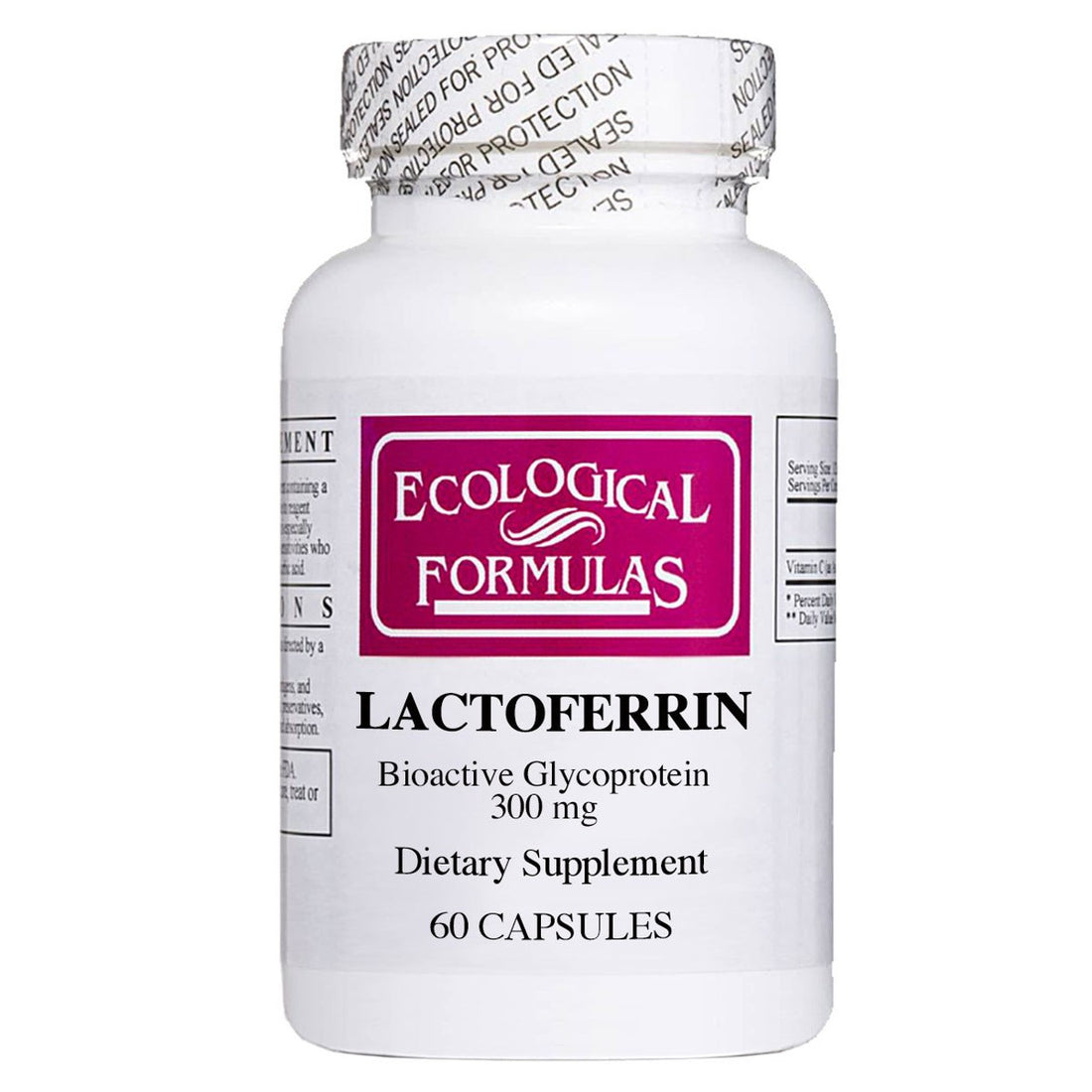 Lactoferrin 300 mg supplement by Ecological Formulas, promoting immune support and digestive health while balancing beneficial bacteria and enhancing iron absorption.