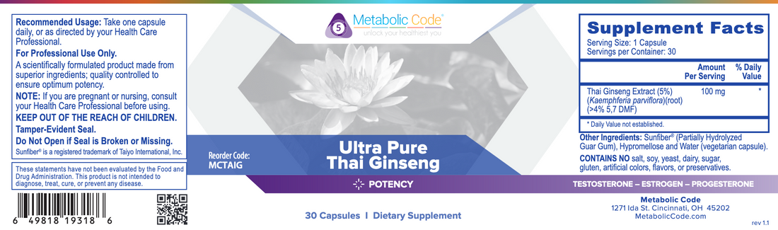 Ultra Pure Thai Ginseng 30 capsules, an antioxidant supplement supporting metabolism, energy production, and healthy aging.