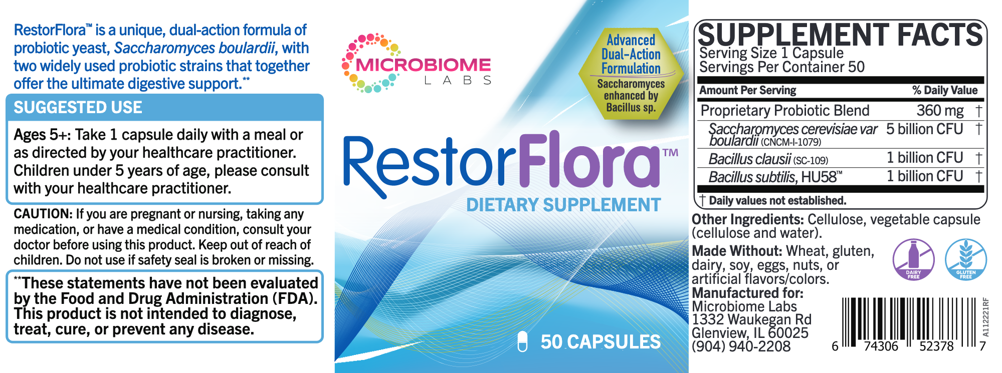 RestorFlora™ probiotic capsules with Saccharomyces boulardii, Bacillus subtilis, and Bacillus clausii for digestive and immune support.