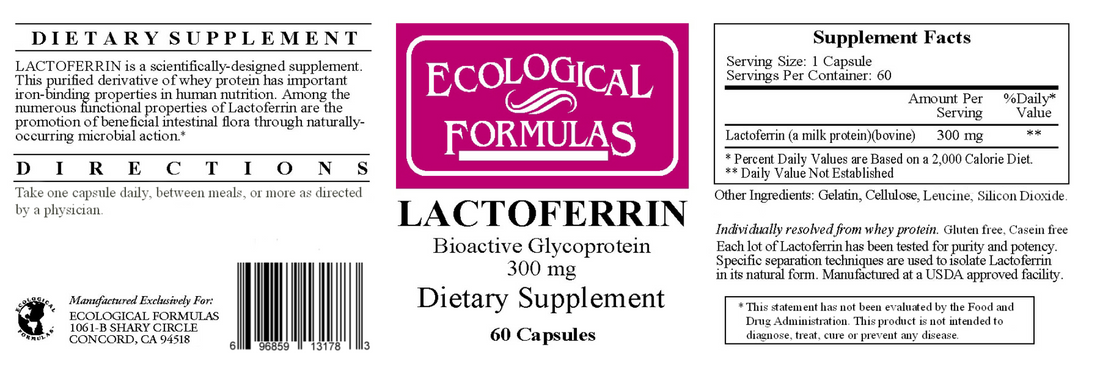 Lactoferrin 300 mg supplement by Ecological Formulas, promoting immune support and digestive health while balancing beneficial bacteria and enhancing iron absorption.