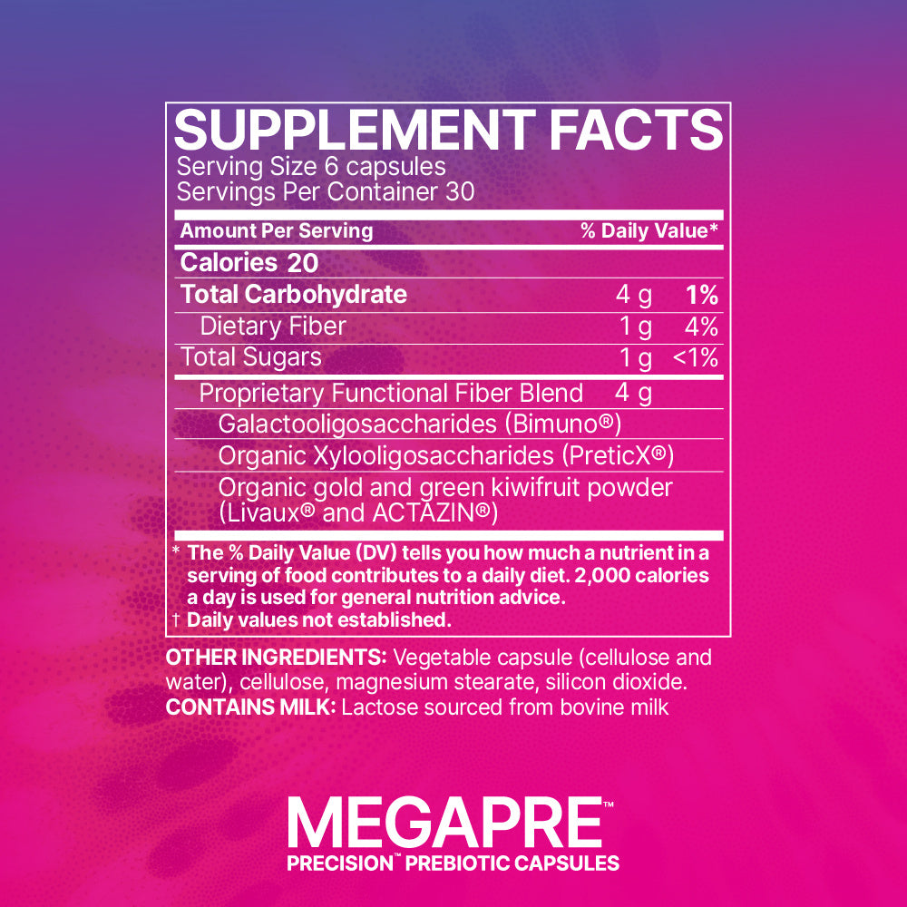 MegaPre capsules, a Precision Prebiotic designed to support gut microbiome diversity without feeding pathogens, featuring a proprietary blend of prebiotic fibers.