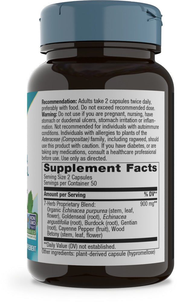 Nature’s Way Echinacea Goldenseal Premium Blend featuring a potent mix of immune-supporting botanicals. This herbal supplement includes Echinacea purpurea, Goldenseal root, and other natural ingredients to promote a healthy immune system. Ideal for those seeking holistic support to enhance overall wellness.