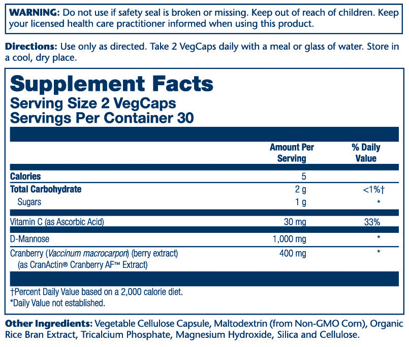 Solaray D-Mannose with CranActin Cranberry Extract supplement, featuring vegan and non-GMO ingredients to support urinary tract health. Contains D-Mannose, CranActin cranberry extract, and Vitamin C for immune support.