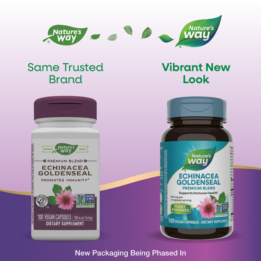 Nature’s Way Echinacea Goldenseal Premium Blend featuring a potent mix of immune-supporting botanicals. This herbal supplement includes Echinacea purpurea, Goldenseal root, and other natural ingredients to promote a healthy immune system. Ideal for those seeking holistic support to enhance overall wellness.