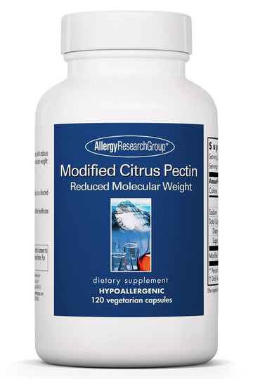 Modified Citrus Pectin dietary supplement, featuring 1.5g of pectin per serving in a 40-serving bottle. Promotes health and wellness, with a proprietary process for reduced molecular weight. Ideal for those on a sodium-restricted diet.