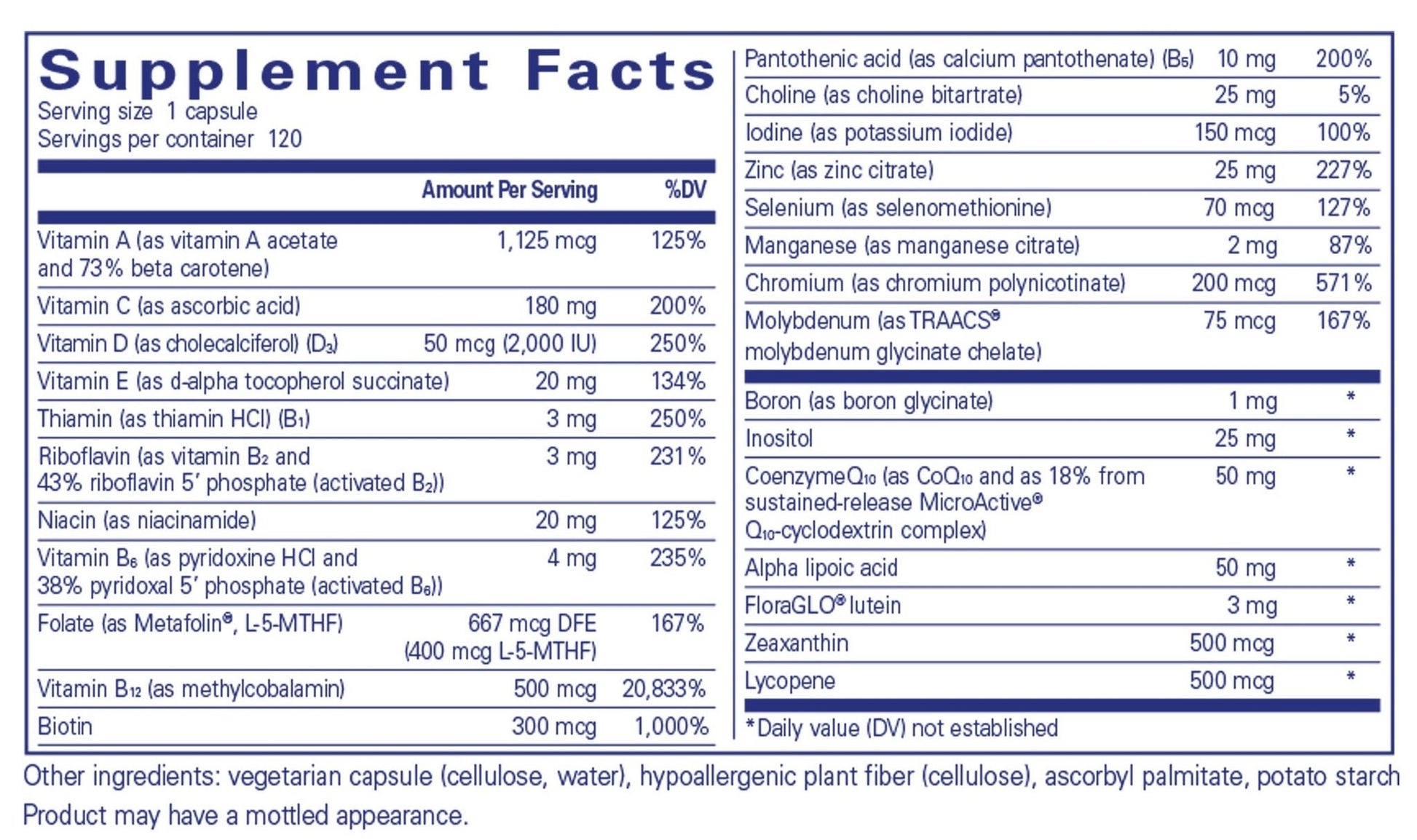 Once-daily nutrient essentials supplement bottle with sustained-release CoQ10, providing essential vitamins and minerals for overall wellness.