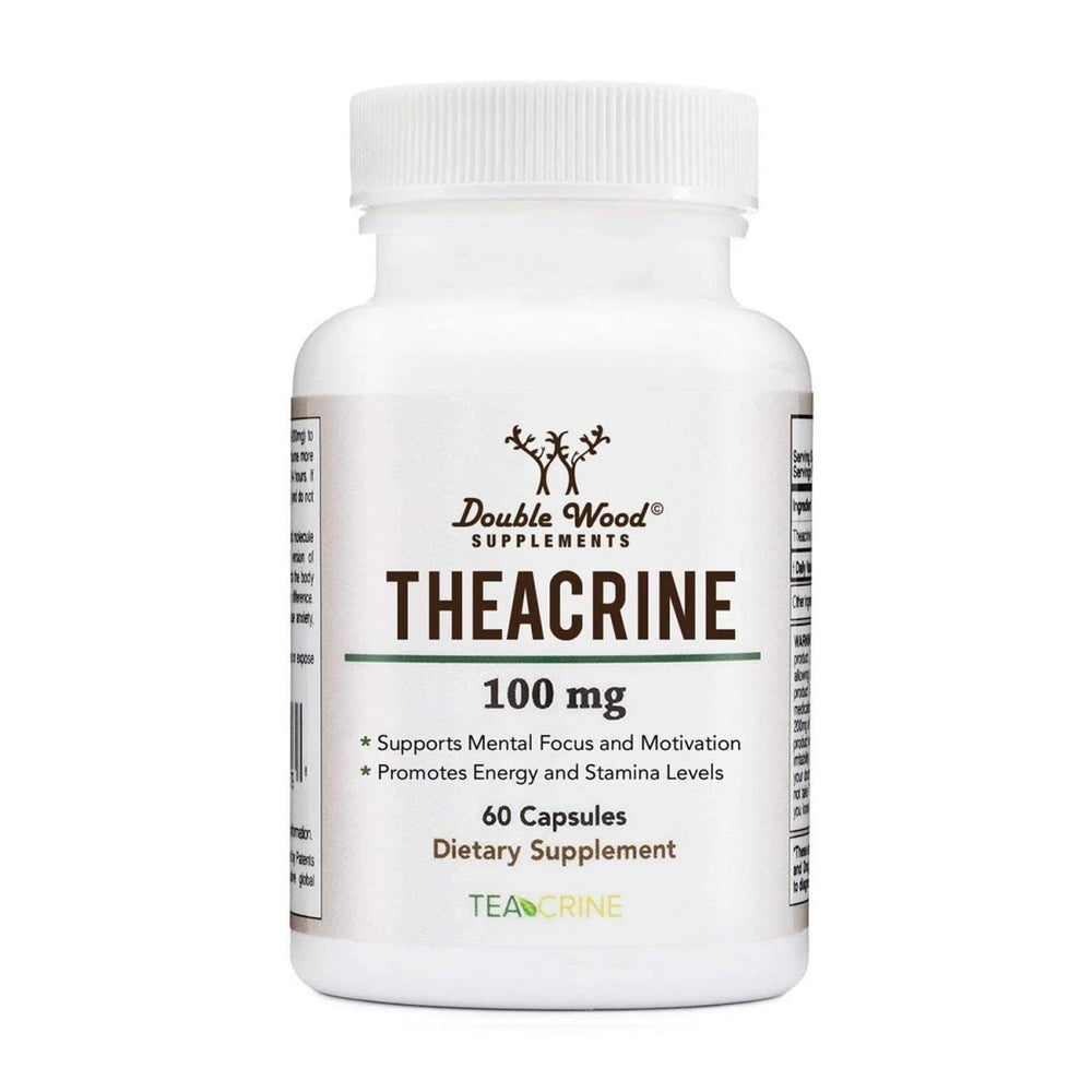 Theacrine 100 mg capsules, 60 count, designed for energy and focus support, featuring slow tolerance buildup compared to caffeine, enhancing motivation and concentration.