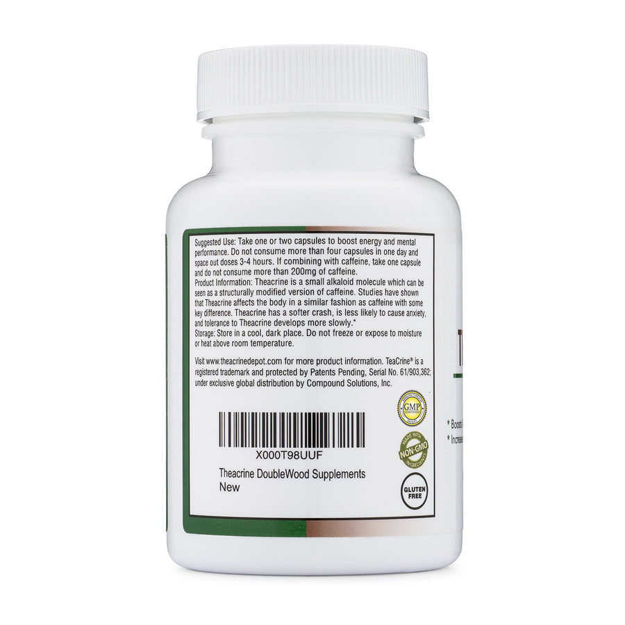 Theacrine 100 mg capsules, 60 count, designed for energy and focus support, featuring slow tolerance buildup compared to caffeine, enhancing motivation and concentration.