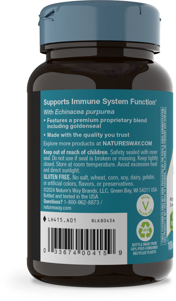 Nature’s Way Echinacea Goldenseal Premium Blend featuring a potent mix of immune-supporting botanicals. This herbal supplement includes Echinacea purpurea, Goldenseal root, and other natural ingredients to promote a healthy immune system. Ideal for those seeking holistic support to enhance overall wellness.