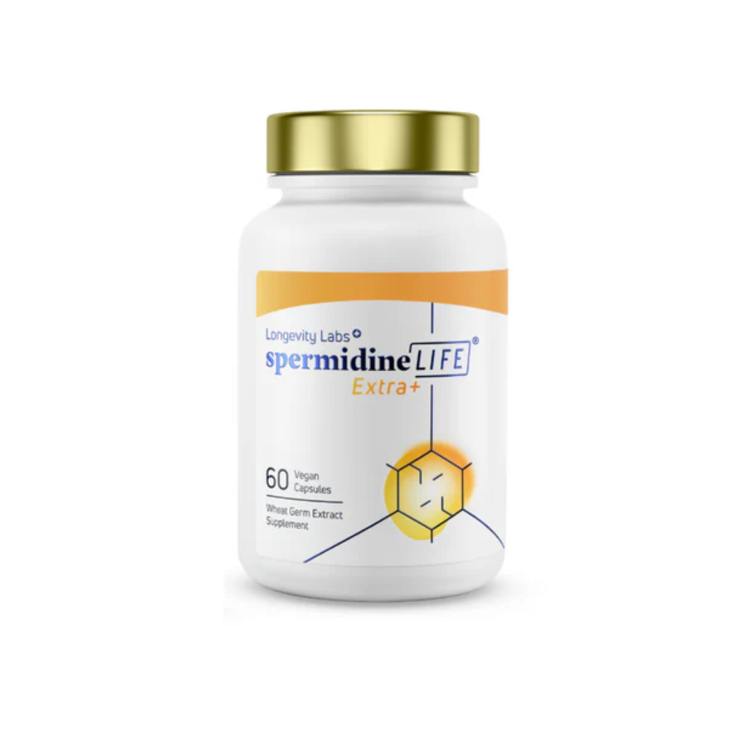 spermidineLIFE® Extra+ 1300mg: A dietary supplement designed to support cellular renewal and autophagy with a high concentration of spermidine-rich wheat germ extract.