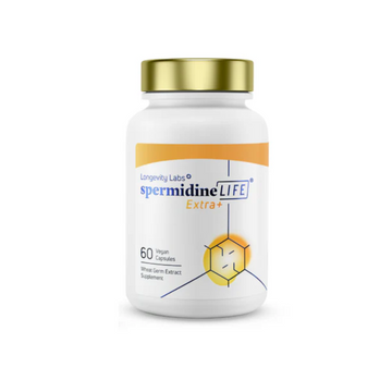 spermidineLIFE® Extra+ 1300mg: A dietary supplement designed to support cellular renewal and autophagy with a high concentration of spermidine-rich wheat germ extract.