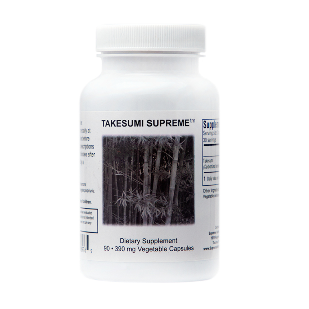 Takesumi Supreme carbonized bamboo capsules, 90 count, designed for detoxification and heavy metal chelation, featuring 390mg of pure carbonized bamboo per capsule.