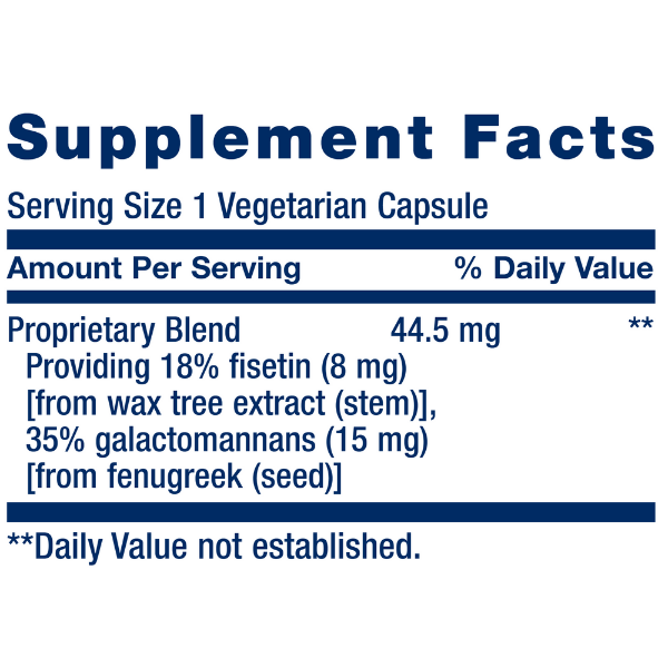 Ingredients: 1 vegetarian capsule supplies: Proprietary Blend: 44.5 mg Providing 18% fisetin (8 mg) [from wax tree extract (stem)], 35% galactomannans (15 mg) [from fenugreek (seed)] Other ingredients: microcrystalline cellulose, vegetable cellulose (capsule), silica, vegetable stearate, soluble fiber, sunflower lecithin.