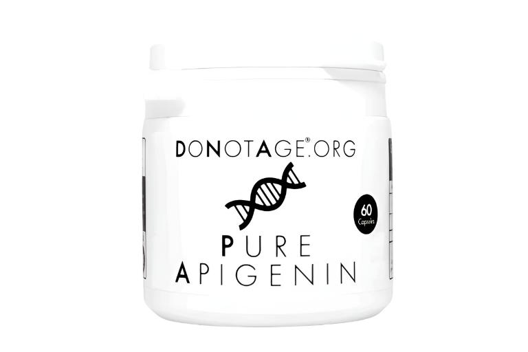 Apigenin supplement featuring 250 mg of pure apigenin in a vegetable cellulose capsule, known for boosting NAD+ levels, anti-inflammatory properties, and neuroprotective effects.