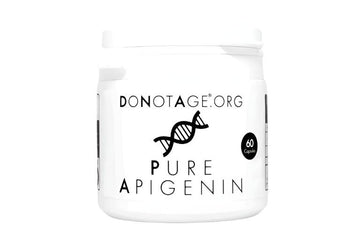 Apigenin supplement featuring 250 mg of pure apigenin in a vegetable cellulose capsule, known for boosting NAD+ levels, anti-inflammatory properties, and neuroprotective effects.