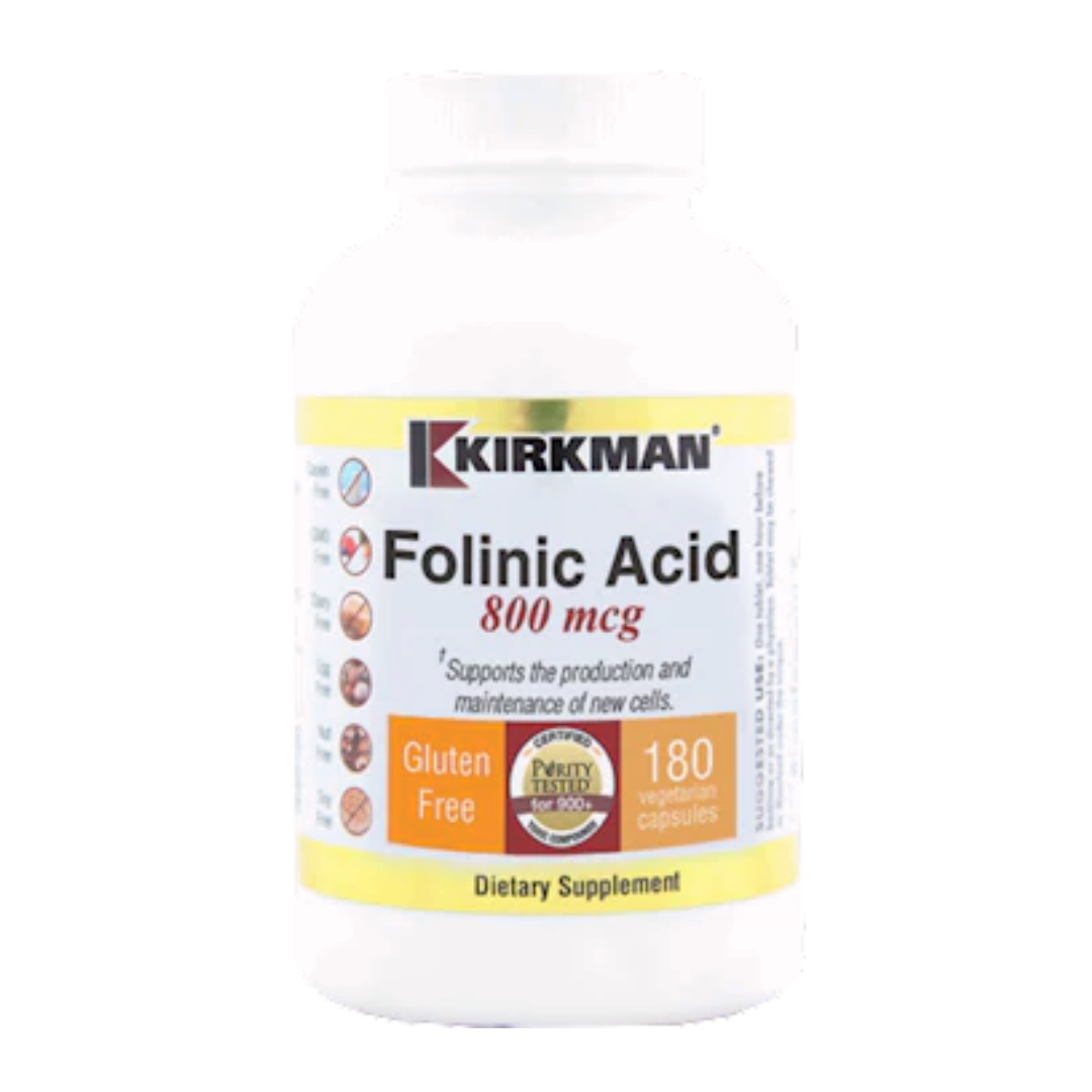 Folate that supports the production and maintenance of new cells.* Kirkman® offers folinic acid in 800 mcg capsules. Hypoallergenic. Gluten and casein free. Capsules are plant based. Ultra Tested®.