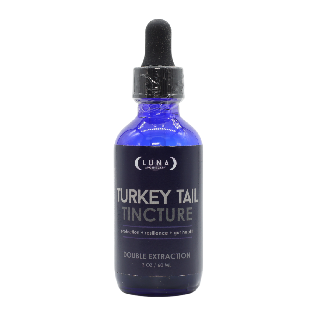 Turkey Tail Tincture 2 fl oz bottle, featuring organic Turkey Tail Mushroom extract for immune support, gut health, and anti-tumor benefits.