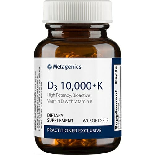 Metagenics D3 10,000 + K helps by providing support for strong bones and healthy blood flow. D3 10,000 + K was designed to be a powerful dose that’s also absorbed quickly into the body. 