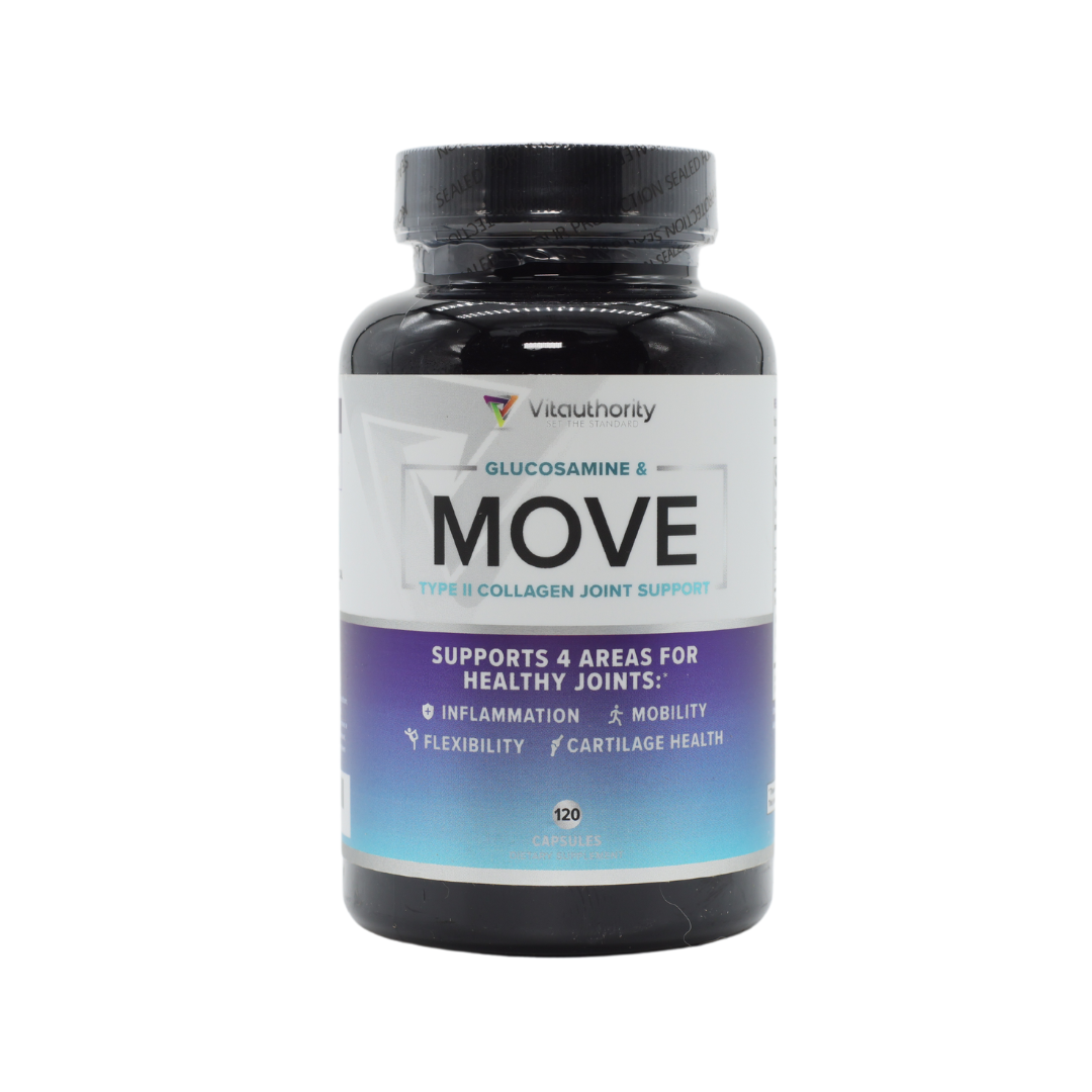 Move Premium Joint Support capsules with Glucosamine, Chondroitin, MSM, Type II Collagen, and Turmeric for joint mobility, flexibility, and inflammation support.