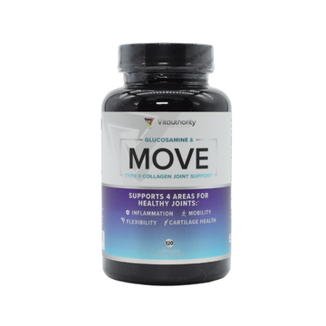 Move Premium Joint Support capsules with Glucosamine, Chondroitin, MSM, Type II Collagen, and Turmeric for joint mobility, flexibility, and inflammation support.