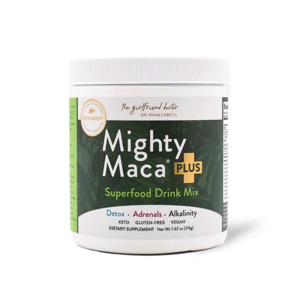 Mighty Maca Plus superfood drink mix packaging featuring a blend of organic ingredients like maca powder, spinach, and pomegranate extract, designed to increase energy, improve digestion, and support detoxification.