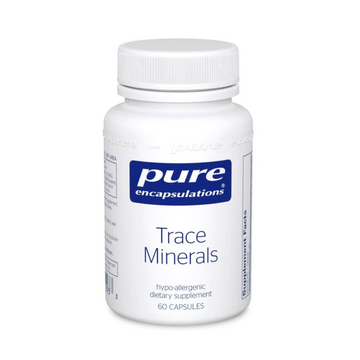 Trace Minerals supplement, chelated-mineral formula supporting metabolism and cellular function, small capsules for easy swallowing.