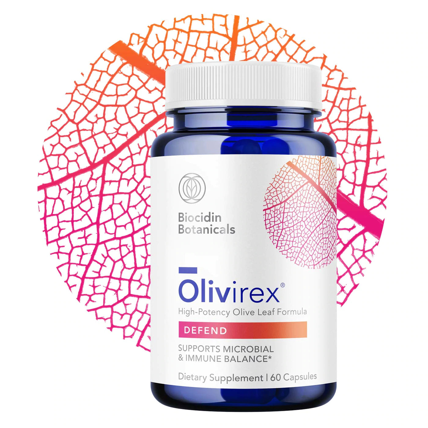 Olivirex® Olive Leaf Extract supplement bottle with capsules designed to support immune function, detoxification, and seasonal wellness.