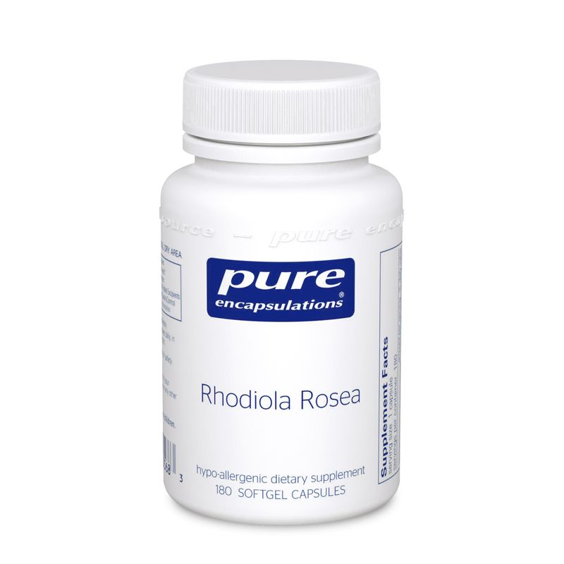 Bottle of Rhodiola Rosea 100 mg capsules for stress support and endurance, featuring standardized 3% rosavins and 1% salidroside.