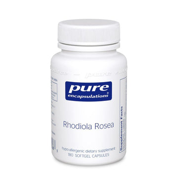 Bottle of Rhodiola Rosea 100 mg capsules for stress support and endurance, featuring standardized 3% rosavins and 1% salidroside.