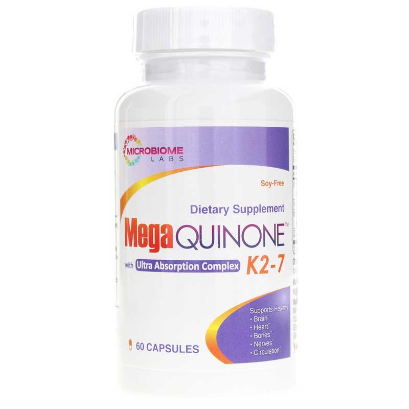 MegaQuinone K2-7 capsules, a high-dose soy-free vitamin K2 (MK-7) supplement for bone, nerve, and heart health, enriched with chelated minerals for better absorption.